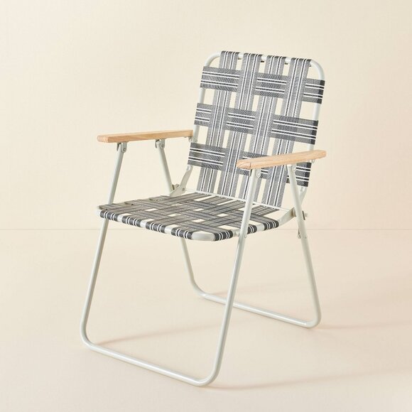 Folding Lawn Chair – Hearth &‎ Hand Magnolia – Blue Gray Plaid Wood Arms - Picture 3 of 9